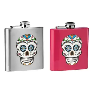 Maison by Premier Hip Flask Skull Design With Pink Finish