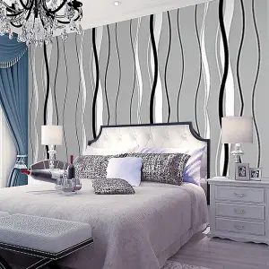 Dark Grey Non Woven Patterned Wallpaper, Wavy Striped Wallpaper Roll, Non Self Adhesive Wallpaper 5m²