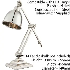 Adjustable Arm Table Lamp Polished Nickel Base Shade Bedside Feature Metal Light