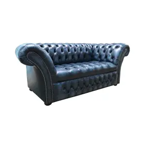 Chesterfield 2 Seater Buttoned Seat Sofa Antique Blue Leather DBB In Balmoral Style