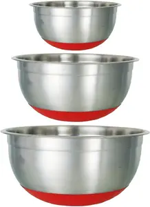 Buckingham Designer Set of 3 Stainless Steel Salad Mixing Bowls Silicon Base, Silver Red