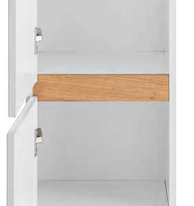 Tall Bathroom Cabinet Wall Storage Unit Modern Scandi Shelving White Gloss Oak Finish Plat