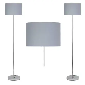 First Choice Lighting Set of 2 Chrome Stick Floor Lamps with Grey Cotton Shades