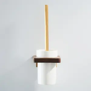 Nes Home Luxury Toilet Brush, Holder and Ceramic Bowl Wooden Walnut & Gold