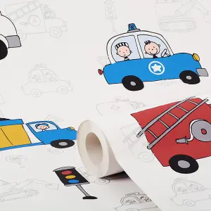 Kids Wallpaper Cars Fire Engine Police Taxi Truck Digger White Metallic Silver