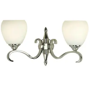 Luxury Traditional Twin Arm Wall Light Bright Nickel Opal Glass Shade Dimmable