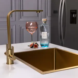 Flode Paddla Dual Lever Kitchen Tap Swan Neck Design Brushed Brass