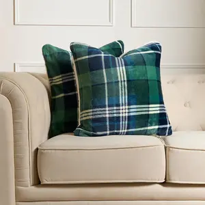 Tartan Check Cushion Covers 4 Pack Case Flannel Fleece Set, 45 x 45cm - Green