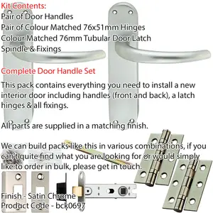 Door Handle & Latch Pack - Satin Chrome - Slim Curved Lever On Rounded Backplate