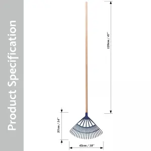 Garden Leaf Rake - 22 Tine Plastic Head & 120 cm Wooden Handle, 45 cm Wide - Lightweight & Durable for Quick Lawn Cleaning