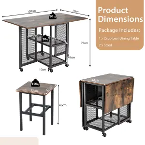 Costway 3 Set Foldable Dining Table 2 Stools Drop Leaf Extending Dining Table w/ Lockable Wheels