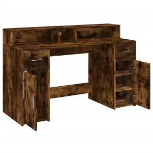 Berkfield Desk with LED Lights Smoked Oak 140x55x91 cm Engineered Wood