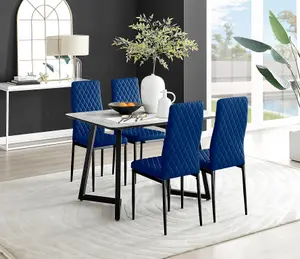 Furniturebox UK Carson White Marble Effect Dining Table & 4 Navy Velvet Milan Black Leg Chairs