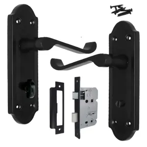 Ashford Door Handle Bathroom Lock Scroll Lever - Matt Black Bath Pack