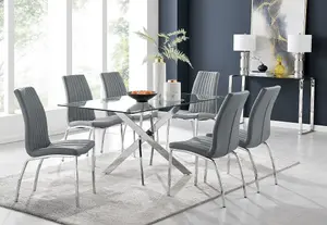 Furniturebox UK Leonardo Glass And Chrome Metal Dining Table And 6 Elephant Grey Isco Faux Leather Chairs