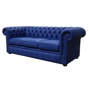 Chesterfield 3 Seater Blue Leather Sofa Custom Made In Classic Style