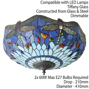 Tiffany Glass Semi Flush Ceiling Light Blue Dragonfly Inverted Shade i00044