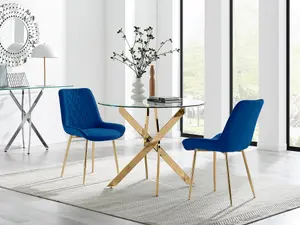 Furniturebox UK Novara 100cm Round Gold Leg Dining Table & 2 Navy Pesaro Gold Leg Chairs