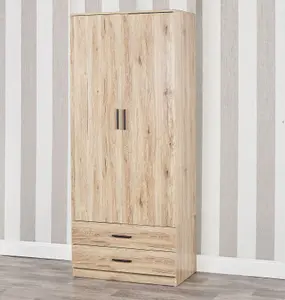 URBNLIVING 180cm Tall Wooden 2 Door Wardrobe Oak Carcass and Oak Drawers With 2 Drawers Bedroom Storage Hanging Bar Clothes