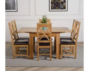 Richmond 90cm - 150cm Square Oak Extending Dining Table and 6 Chairs Dining Set with Berkeley Brown Leather Chairs