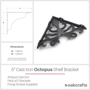 Oakcrafts - Pair of Antique Cast Iron Octopus Shelf Brackets - 125mm x 125mm