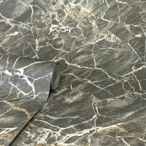 Crown Carbon Onyx Charcoal Grey Marble Stone Wallpaper M1749