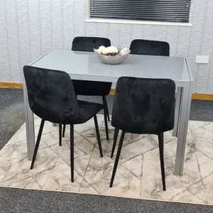 Grey Dining Table and 4 Black Velvet Chairs Kitchen Dining Set of 4 Glass Table