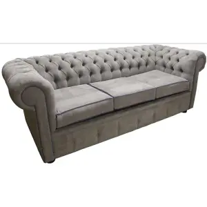 Chesterfield 3 Seater Sofa Kimora Grey With Blue Piping Fabric In Classic Style