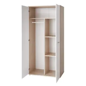 Dino 03 Hinged Wardrobe W900mm H1910mm D550mm - White Matt & Oak Sonoma with Hanging Rail and Shelves