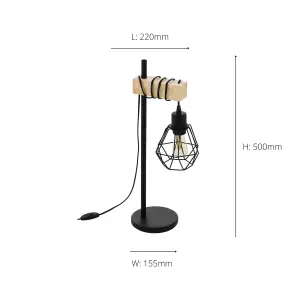 EGLO Townshend 5 Black/Natural Metal & Wood Table Lamp - Industrial Style (D) 15.5cm