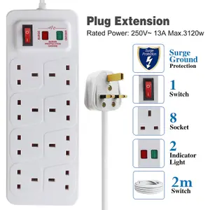 Extrastar 8 Gang Switched Surge-Protected Extension Lead 2m White 13A