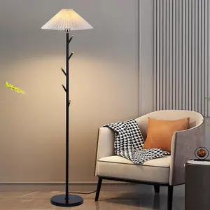 Garwarm 9W Black Gold Coat Rack Floor Lamp Pleated Shade