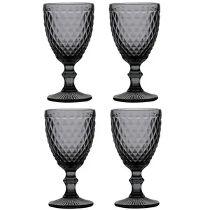 Set of 4 Vintage Luxury Grey Diamond Embossed Drinking Wine Glass Wine Goblets 270ml