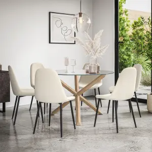 Malvern Round Dining Table And Chairs -  Clear Glass Table Top w Solid Oak Legs + Maya Boucle Dining Chair Set Of 6 (Ivory White)