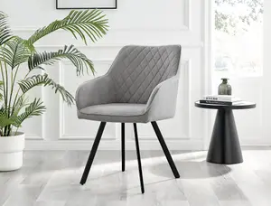 Furniturebox UK Palma Black Semi-Gloss Round Pedestal Dining Table & 4 Light Grey Fabric Falun Black Leg Chairs