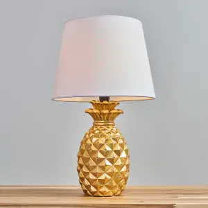 ValueLights Pair Of Contemporary Pineapple Design Gold Effect Table Lamps With White Shades