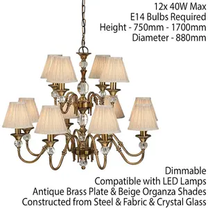 Diana Ceiling Pendant Chandelier Antique Brass & Beige Pleat Shade 12 Lamp Light