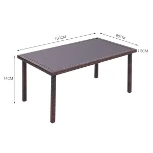 Rustic Rectangle Ratten Effect Wicker Outdoor Garden Wicker Table with Tempered Glass Tabletop Brown 150cm