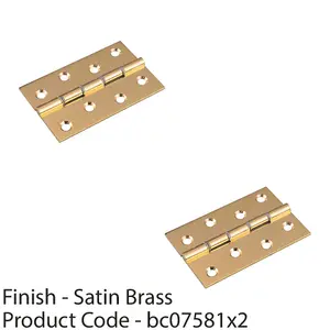 2 PACK - PAIR Double Steel Washered Brass Butt Hinge 102 x 67mm Satin Brass Door Fixing