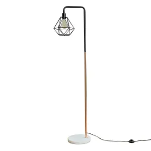 ValueLights Talisman Black Copper Metal and White Marble Base Floor Lamp with Gloss Black Metal Cage Shade