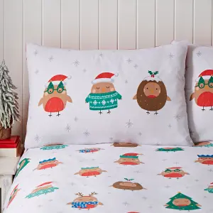 Catherine Lansfield Christmas Party Robins Reversible King Duvet Cover Set with Pillowcases Grey