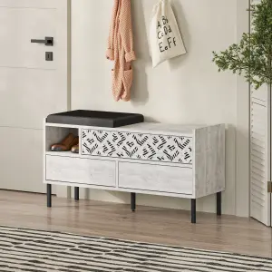 Decortie Heaton Shoe Bench Ancient White w/ Fabric Cushion Seat 3-door Storage Cabinet 111(W)x37(D)x56.5(H)cm Metal Legs Hallway