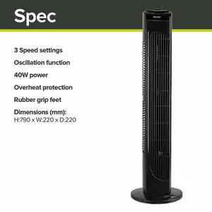 Prodex PX5229B Tower Fan, Oscillating, 3 Speed, 29 Inch, Black