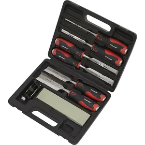 Premium 8 Piece Hammer-Thru Wood Chisel Set with Bevel Edged Blades and Storage Case