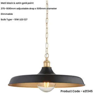 Hanging Ceiling Pendant Light - Matt Black & Satin Gold Paint - 10W LED E27