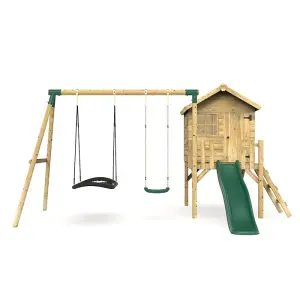 Rebo Orchard 4ft x 4ft Wooden Playhouse with Standard Swing, Boat Swing, 900mm Deck and 6ft Slide - Sage Green