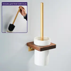 Nes Home Luxury Toilet Brush, Holder and Ceramic Bowl Wooden Walnut & Gold