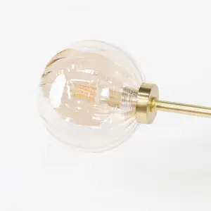 ValueLights Chessy Gold Metal Bar 2 Way Ceiling Light with Amber Ribbed Glass Globe Shades - LED Bulbs Included