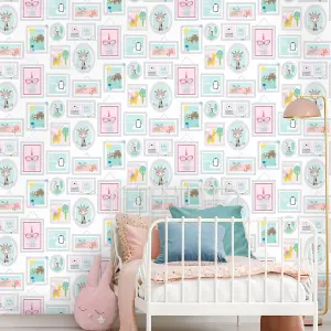 Holden Over the Rainbow Animal Frames Wallpaper Teal/Pink (90971)