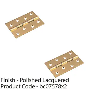 2 PACK - PAIR Double Steel Washered Brass Butt Hinge 102 x 67 Polished Brass Door Fixing